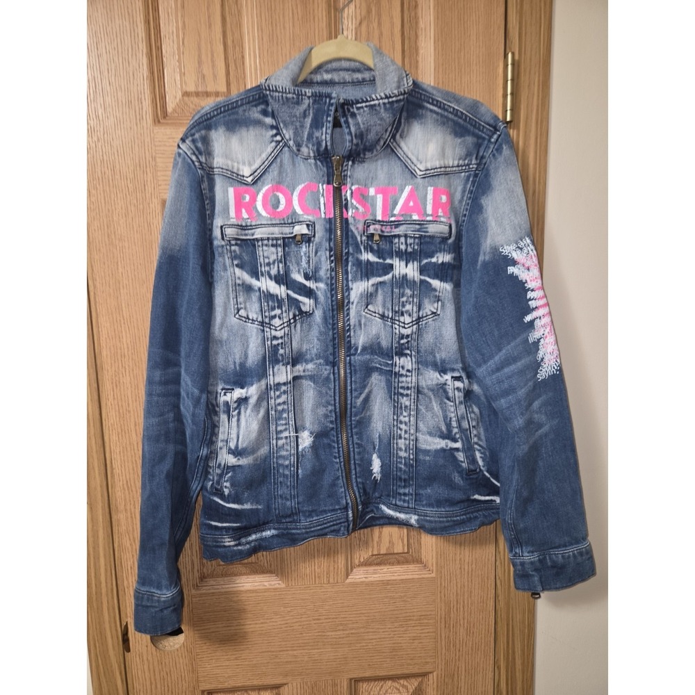 Rockstar Original Trippy Design Distressed Denim Jacket Light Wash Graphic Sz XL